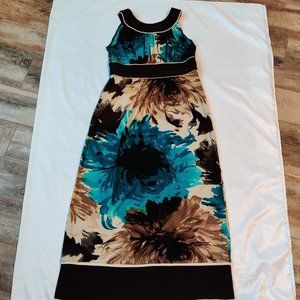 R&M Richards Sleeveless Empire Waist Stretch Knit Blu Brwn Floral Pattern Dress8